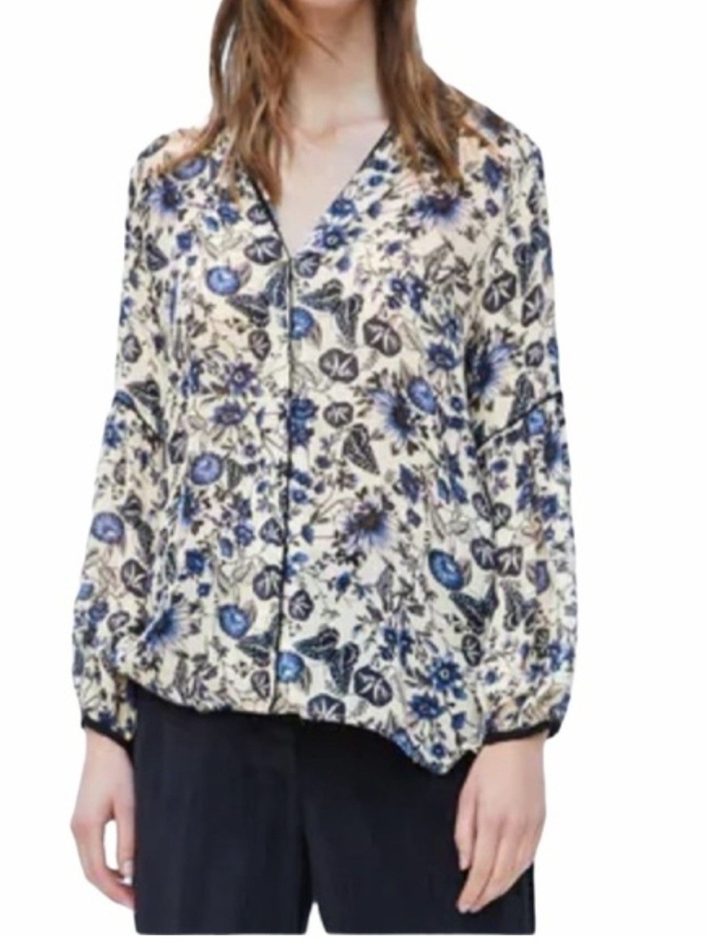 Zara Cream Butterfly  Floral V-Neck Button Blouse